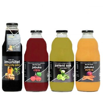 Imunitet paket - Četiri vrste soka u boci od 1l. Crni od aronije , crveni sok od jabuke i cikle, zeleni sok za detoksikaciju i narančasti sok od jabuke i mrkve