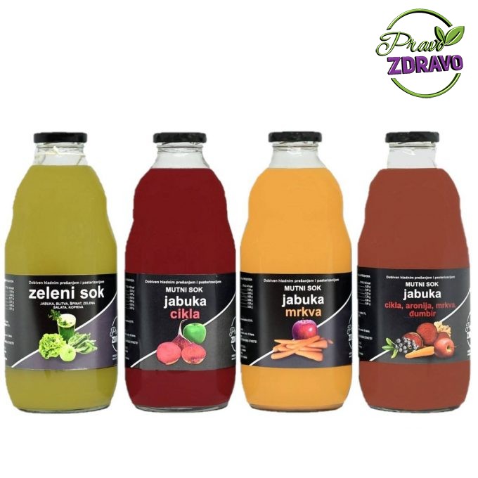Detox paket - Četri vrste prirodnog soka u boci od 1l. Zeleni sok od povrća, crveni sok od od jabuke i cikle, narančasti sok od jabuke i mrkve i mutno crveni sok od jabuke,aronije,mrkve ,cikle i đumbira.